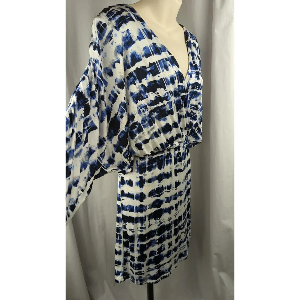 PARKER Blouson Dress Stretch Drape Faux Wrap Watercolor Blue Dolman Sleeve M L - Picture 2 of 6